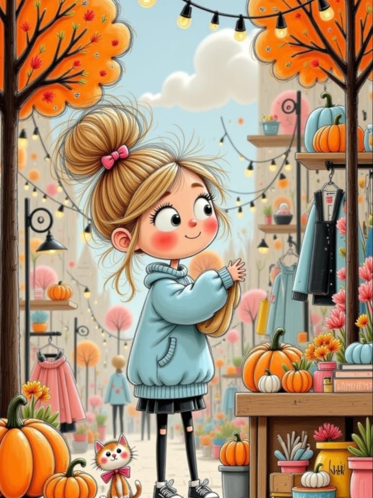 Cute Doodle Lineart: Girl Browsing Halloween Costumes with C...