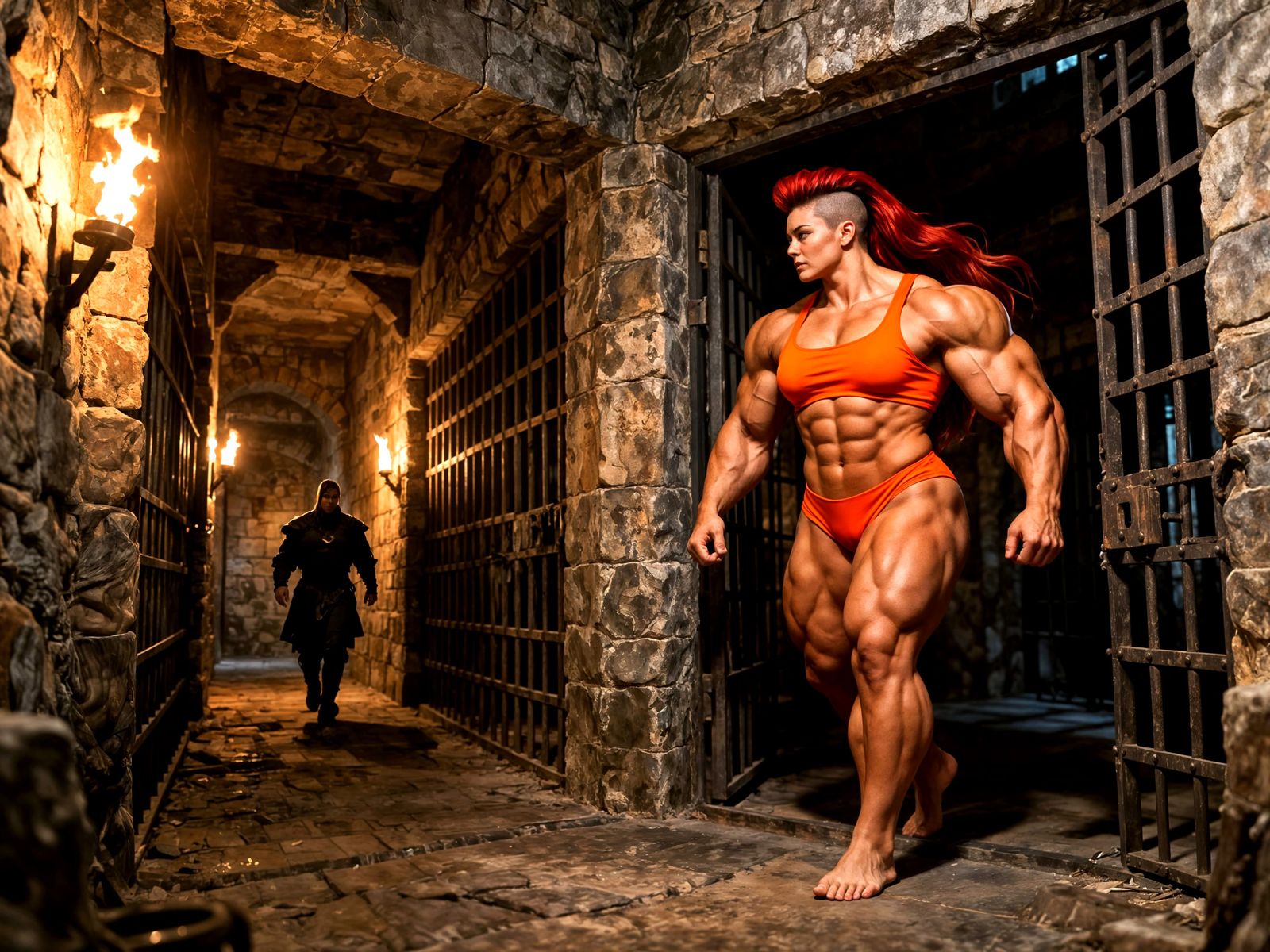 Muscular Amazonian Warrior Confronts Guard in Medieval Priso...