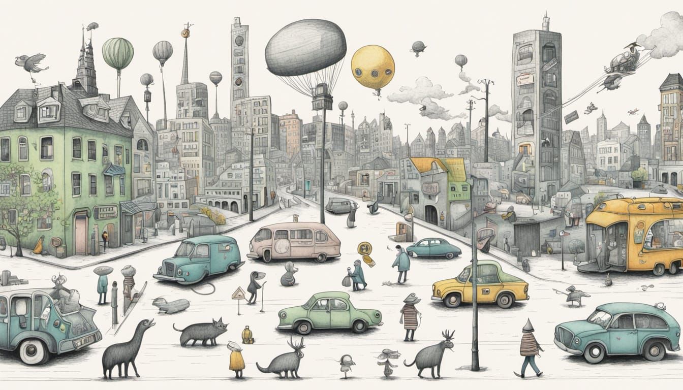 Vintage Surrealist Urban Scene in Pastel Colors