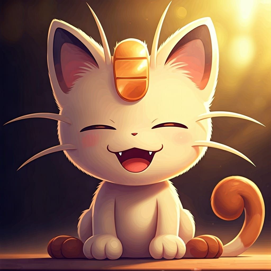 Anime Style Meowth Pokemon in Warm Sunlight