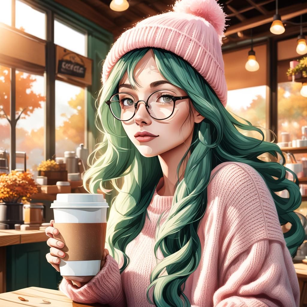 Girl with Green Hair in Coffee Shop