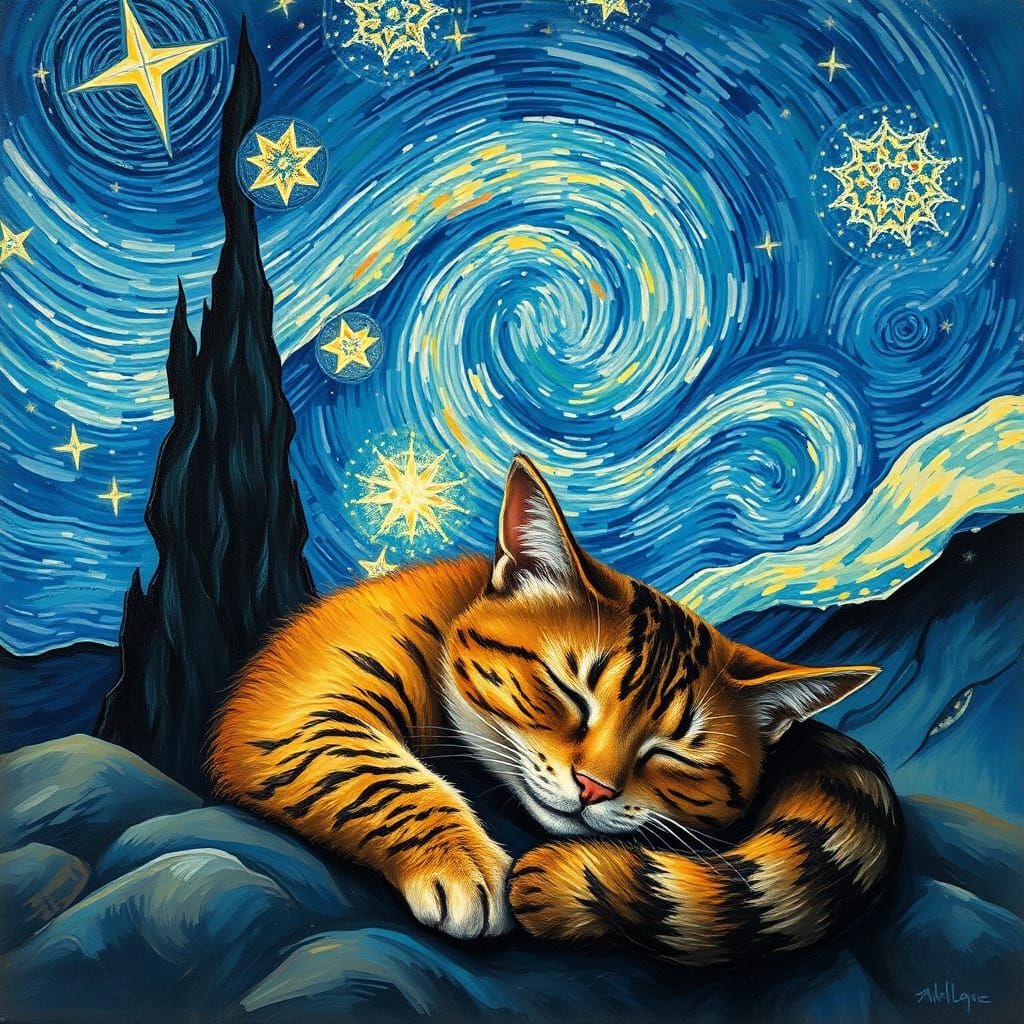 Cat's Dream: Starry Night in Gouache Impressionism
