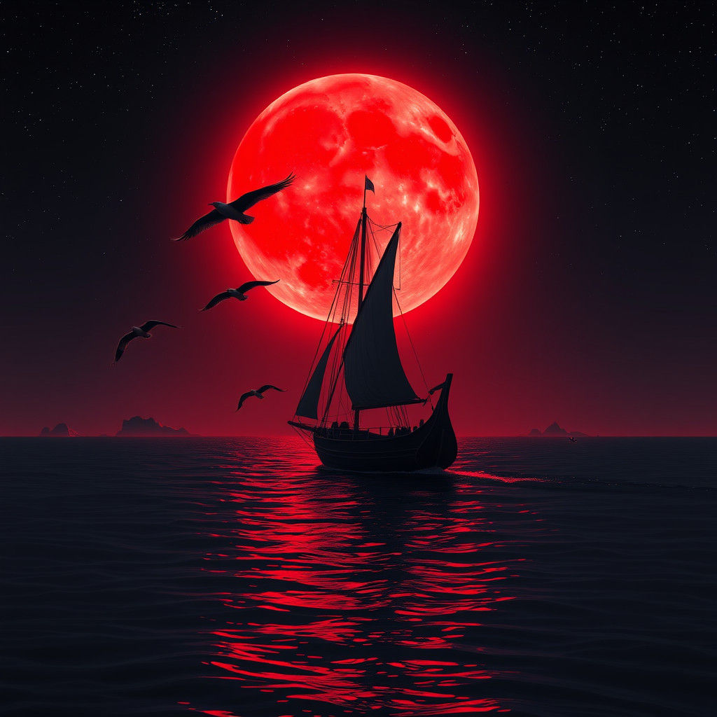 Crimson Moon Over Mystical Sea: A Matte Painting