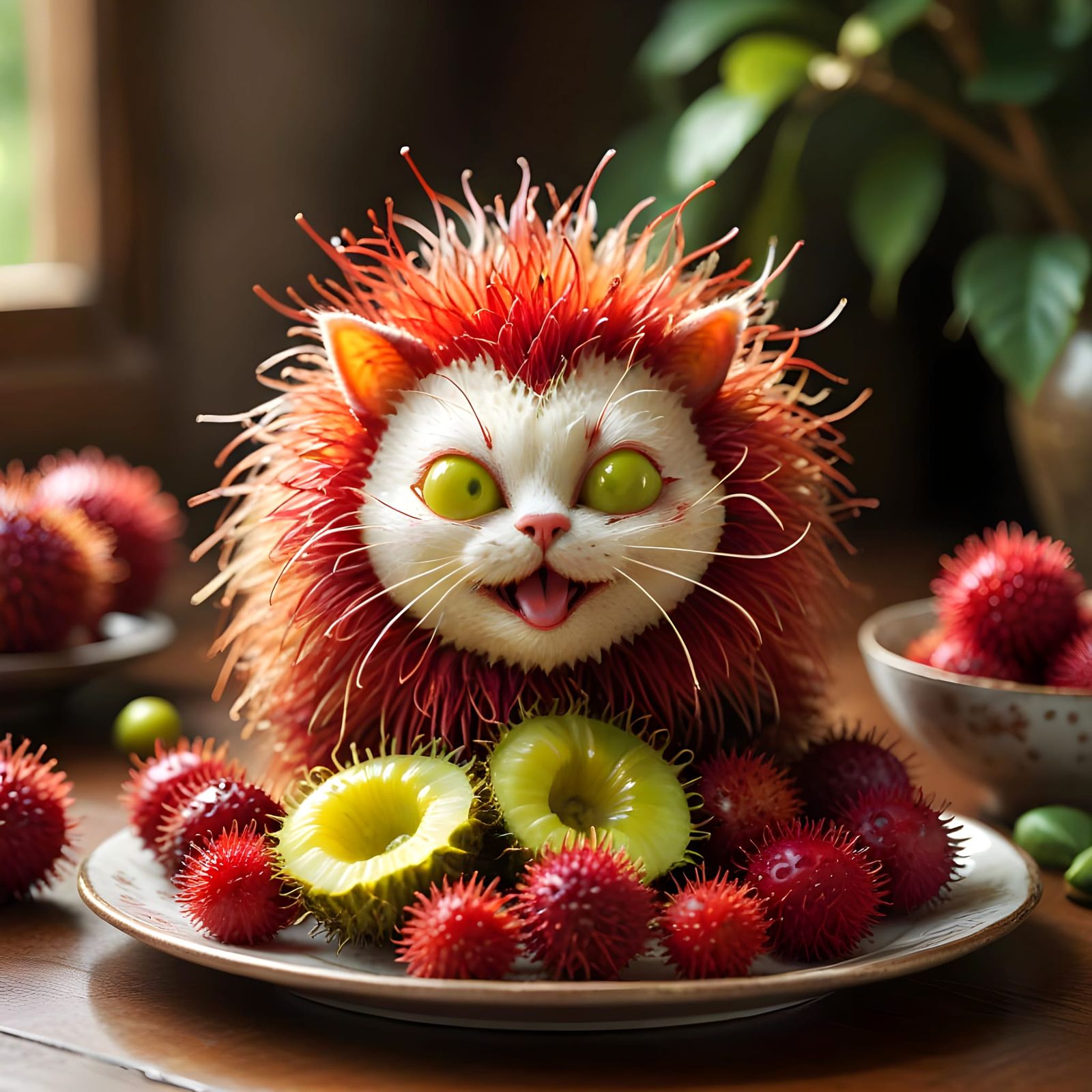 Whimsical Rambutan Fruit Cat in Dreamlike Quality