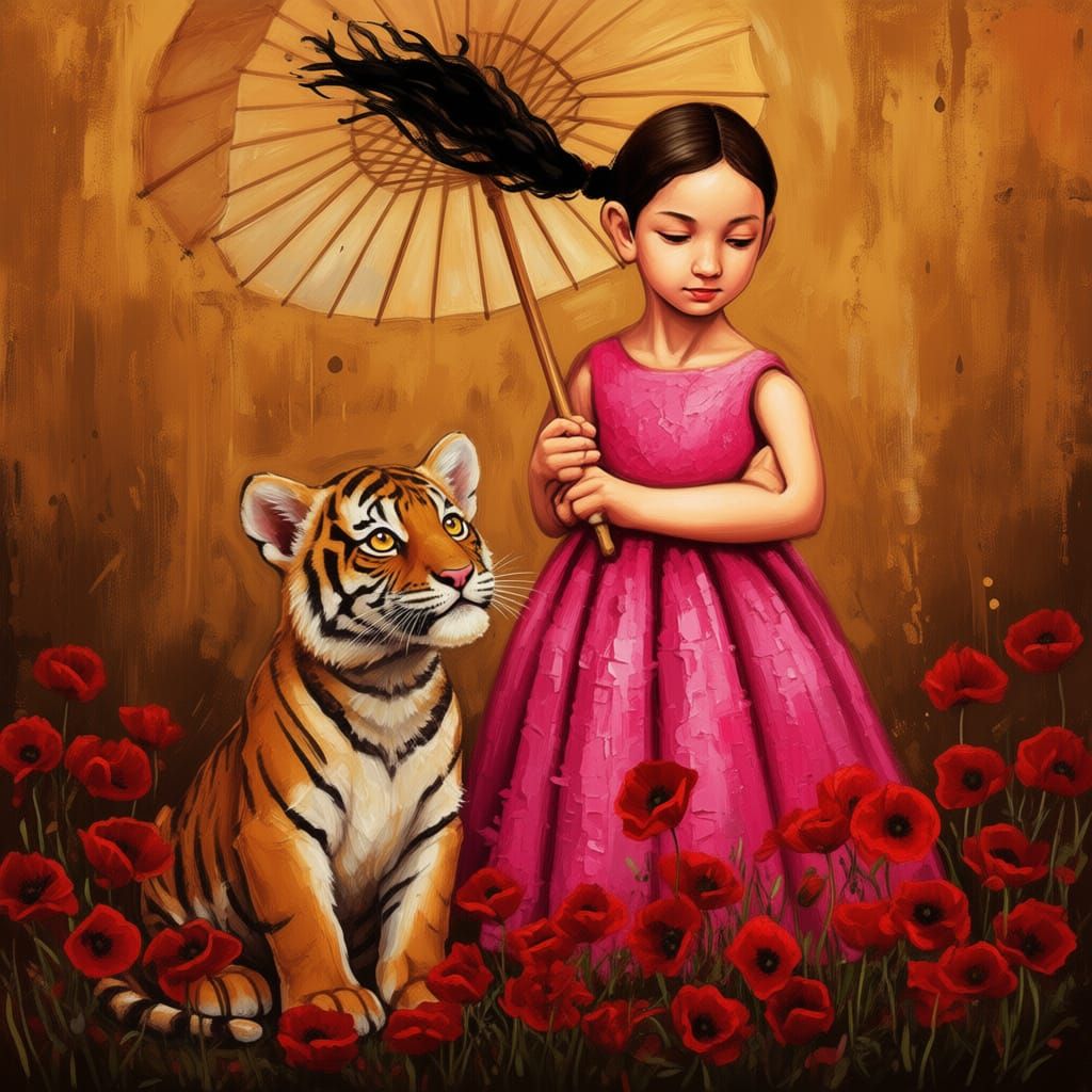 Girl in Pink Dress With Tiger Cub Amidst Poppies