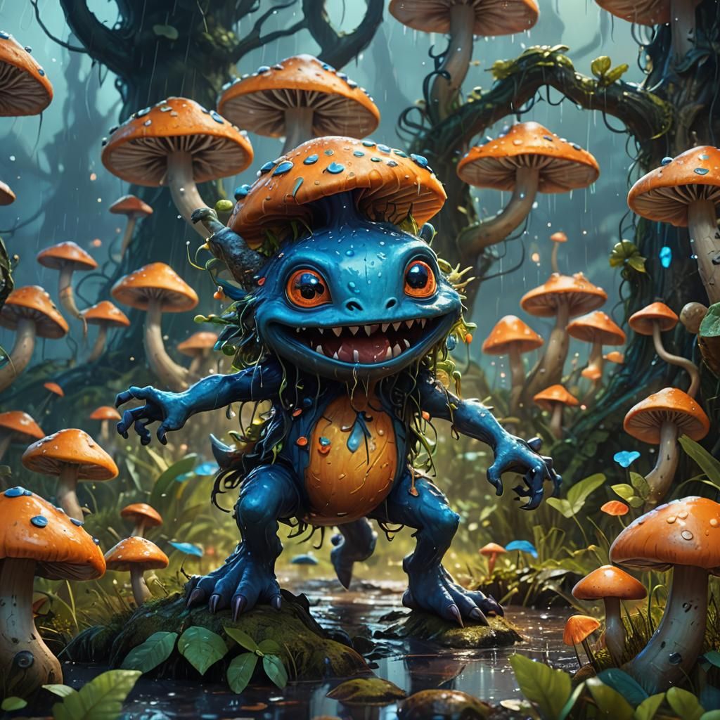 Cute Monster Dancing in the Rain, Fantasy Art