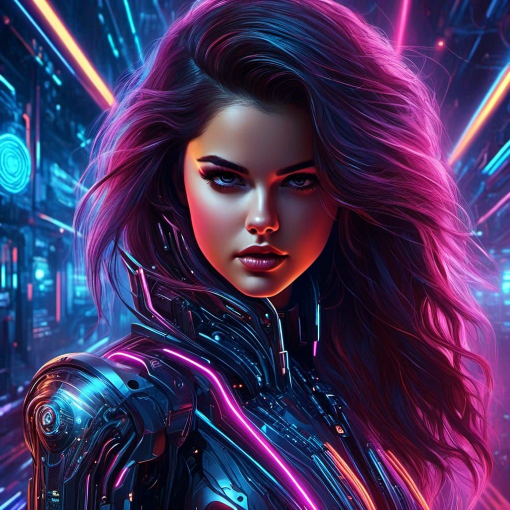 Selena Gomez Cyberpunk Portrait in Neon Sci-Fi Style