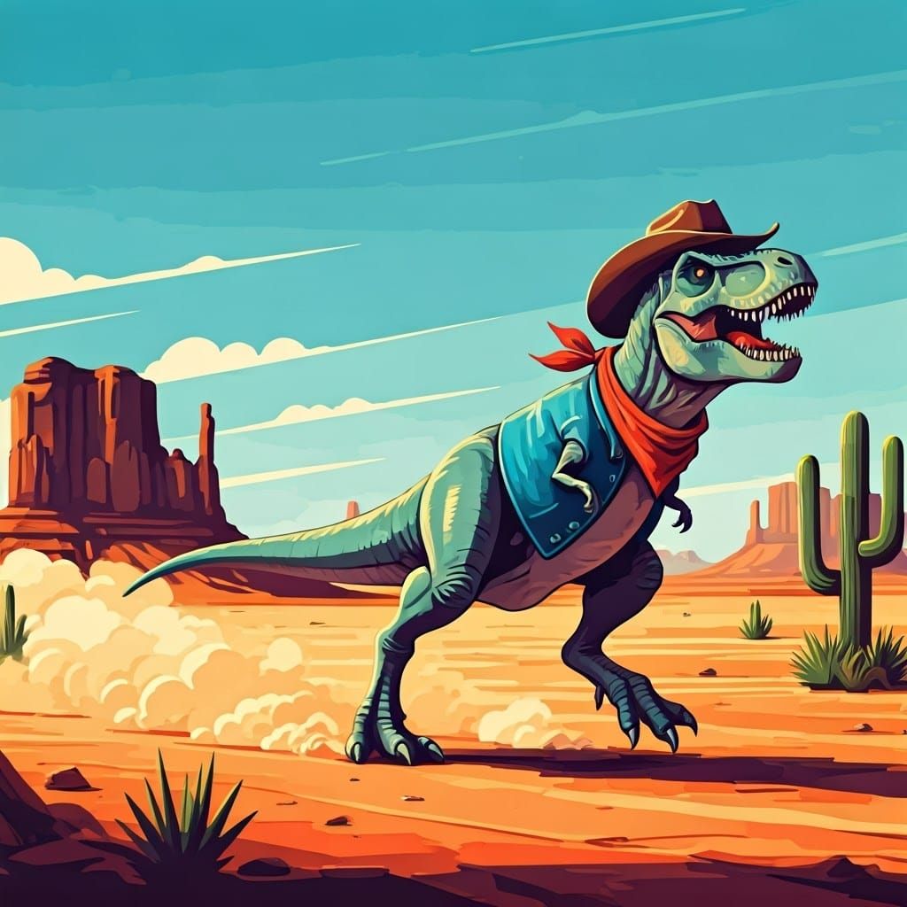 Dynamic Cowboy T-Rex Runs Across Desert Landscape