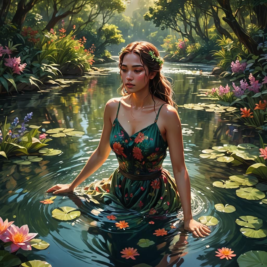 Girl Swims in Lush River: Fantasy Concept Art