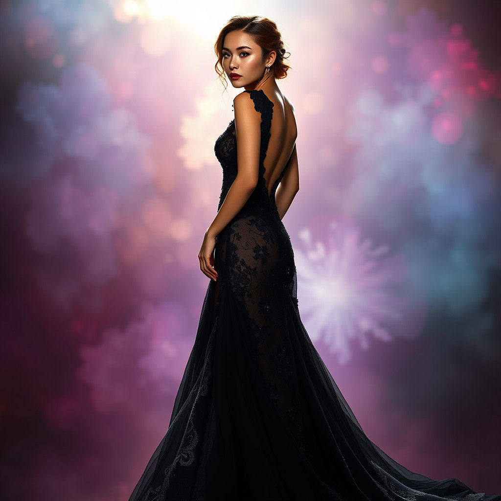 Dramatic Black Wedding Dress in Hyperrealistic Style