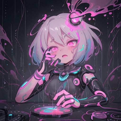 Vintage Microphone Robot with Caramel Woman, Neon Splash Art