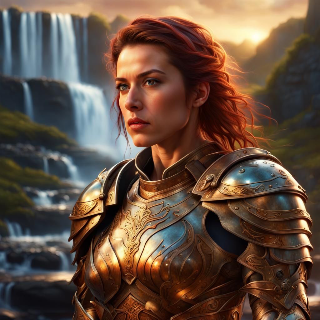 Strong Armored Woman with Waterfall Backdrop