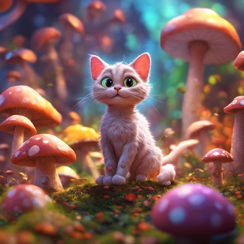 Glowing Mushroom Cat: Pixar-Style 3D Digital Art