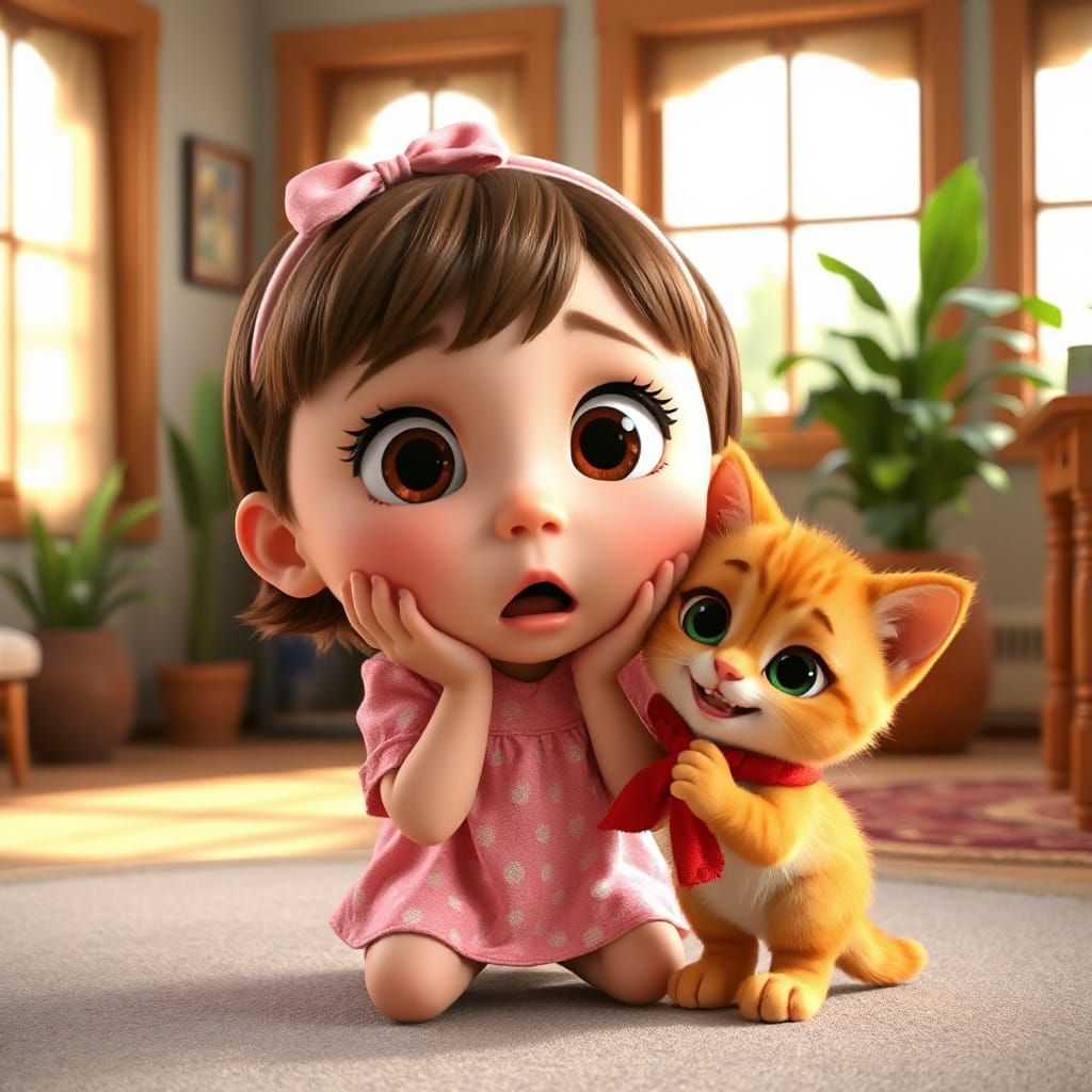 Cute 3D Animated Girl Surprised by Kitten