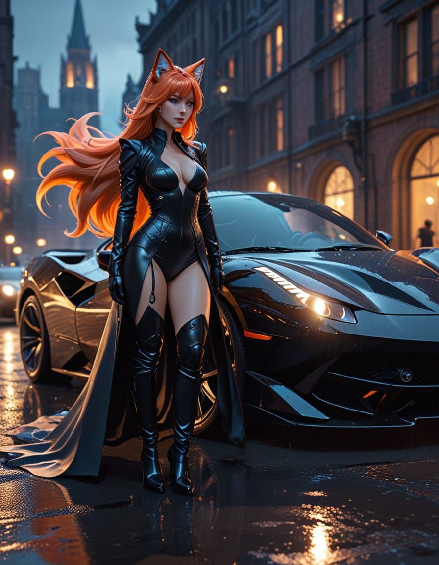 Gothic Ferrari Nighttime Scene with Ahri, 3D Anime Art