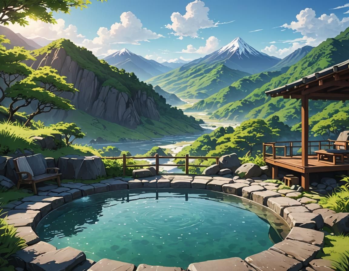 Scenic Mountain View Hot Spring in Anime Style