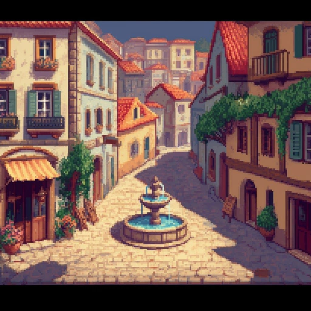 Charming Town Square Fountain in 8-bit Pixel Art