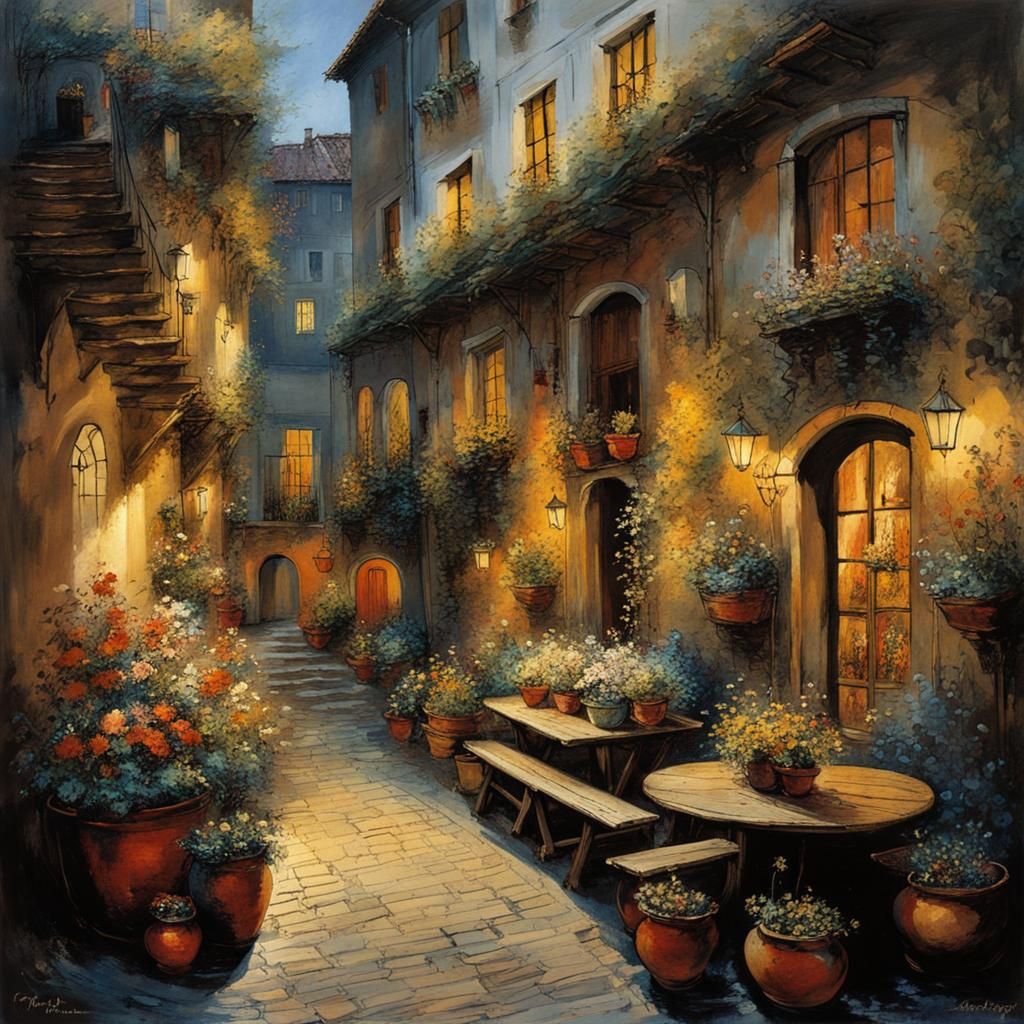 Enchanted Italian Courtyard Garden Illustration