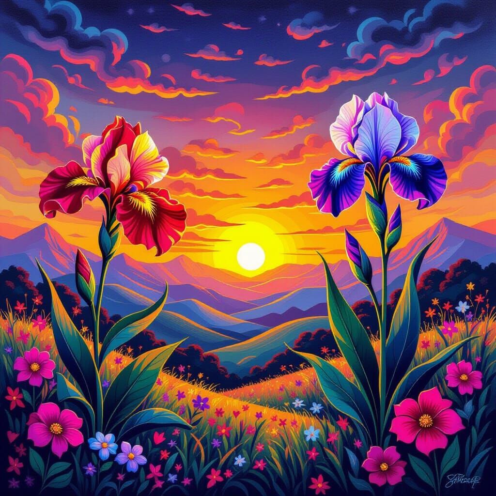 Vibrant Candyland Sunset with Surreal Floral Motifs