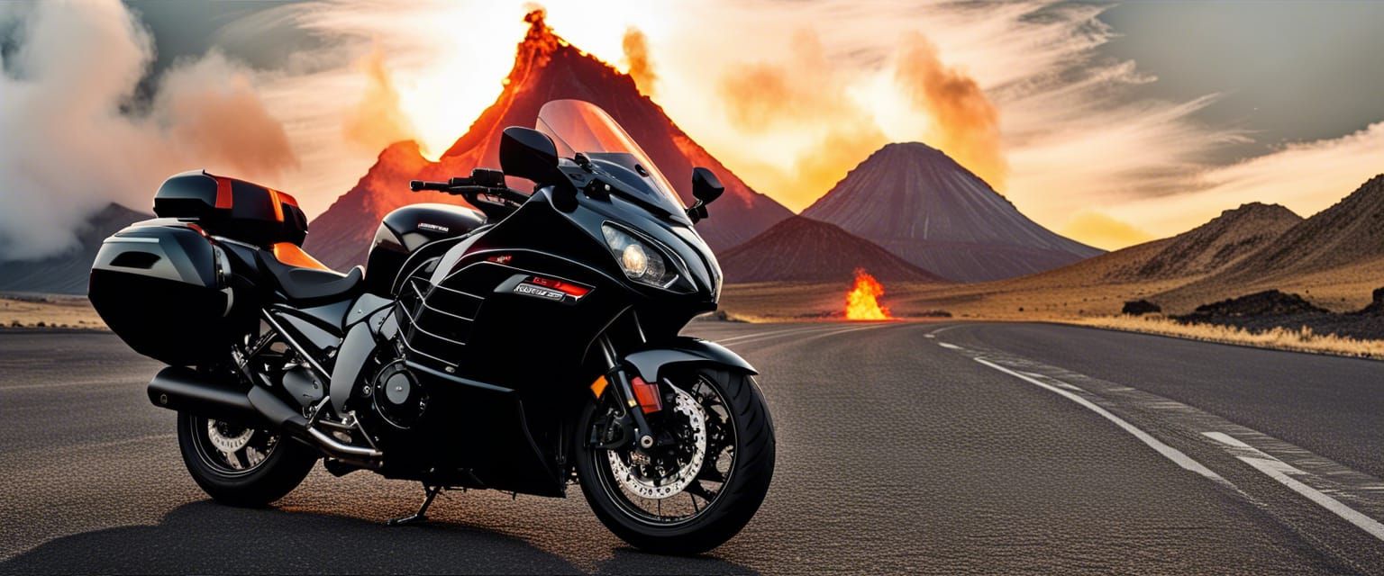 Kawasaki Concours Motorcycle with Volcano Backdrop