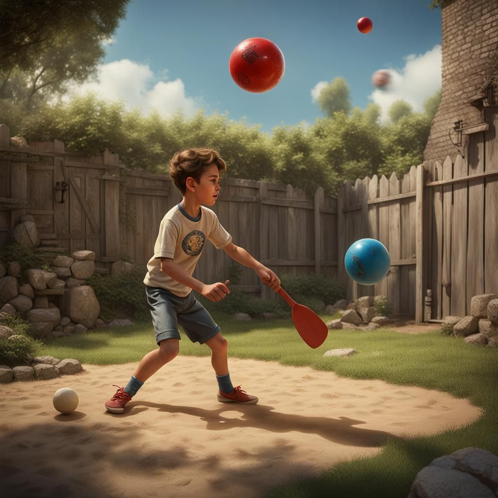 Vintage 1950s Boy Playing Paddle-Ball Game