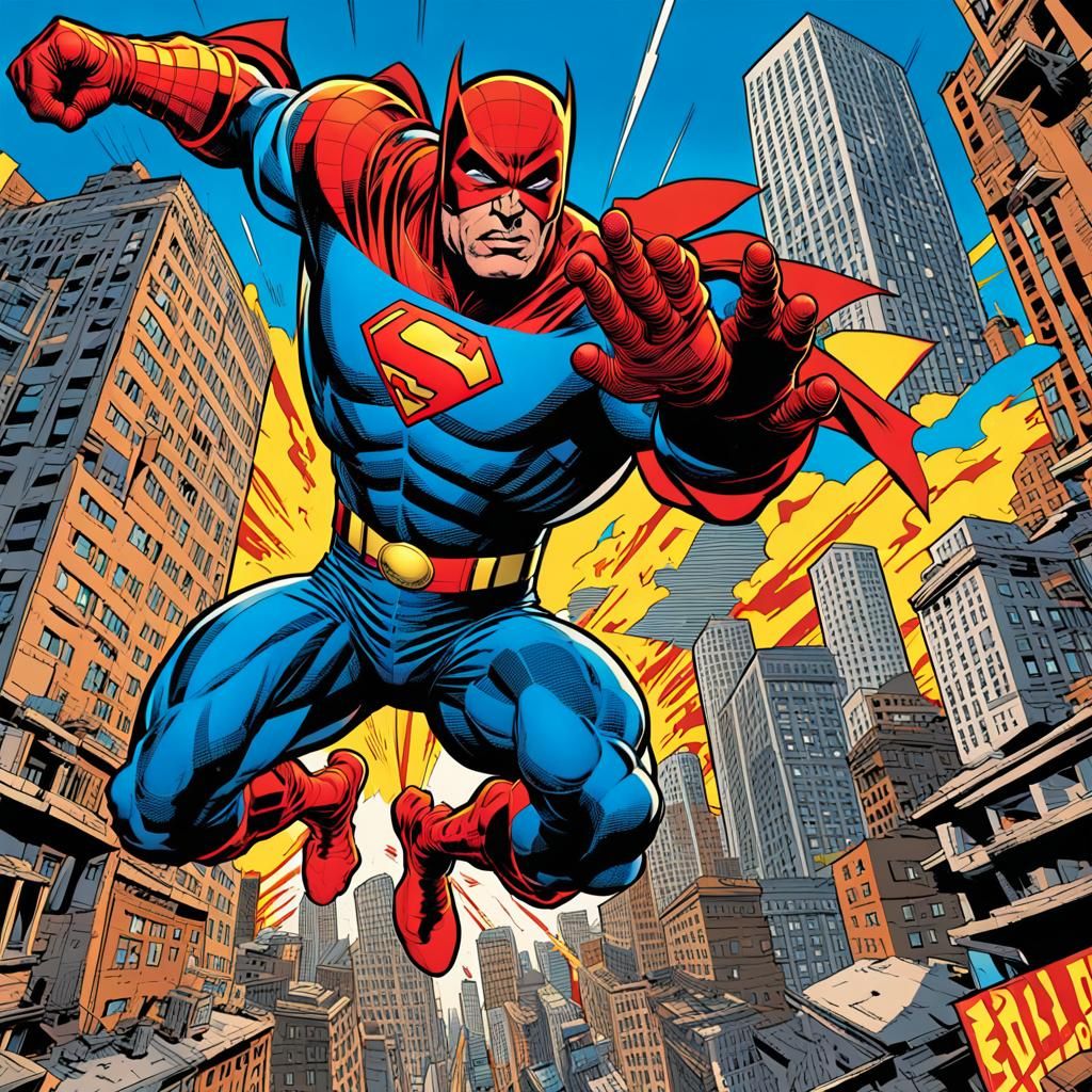 Superhero Leaps Through Cityscape in Dynamic Comic Art