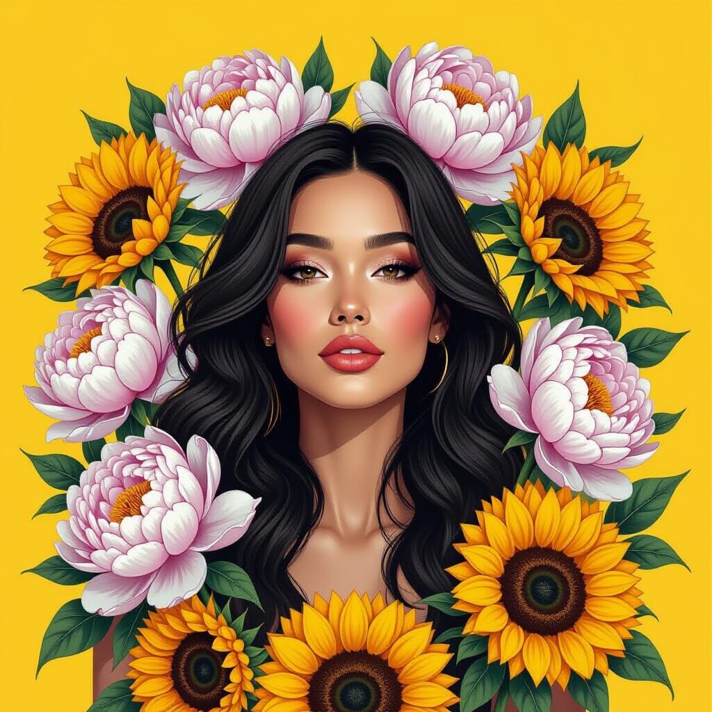 Woman Amidst Sunflowers and Peonies in Charcoal Style