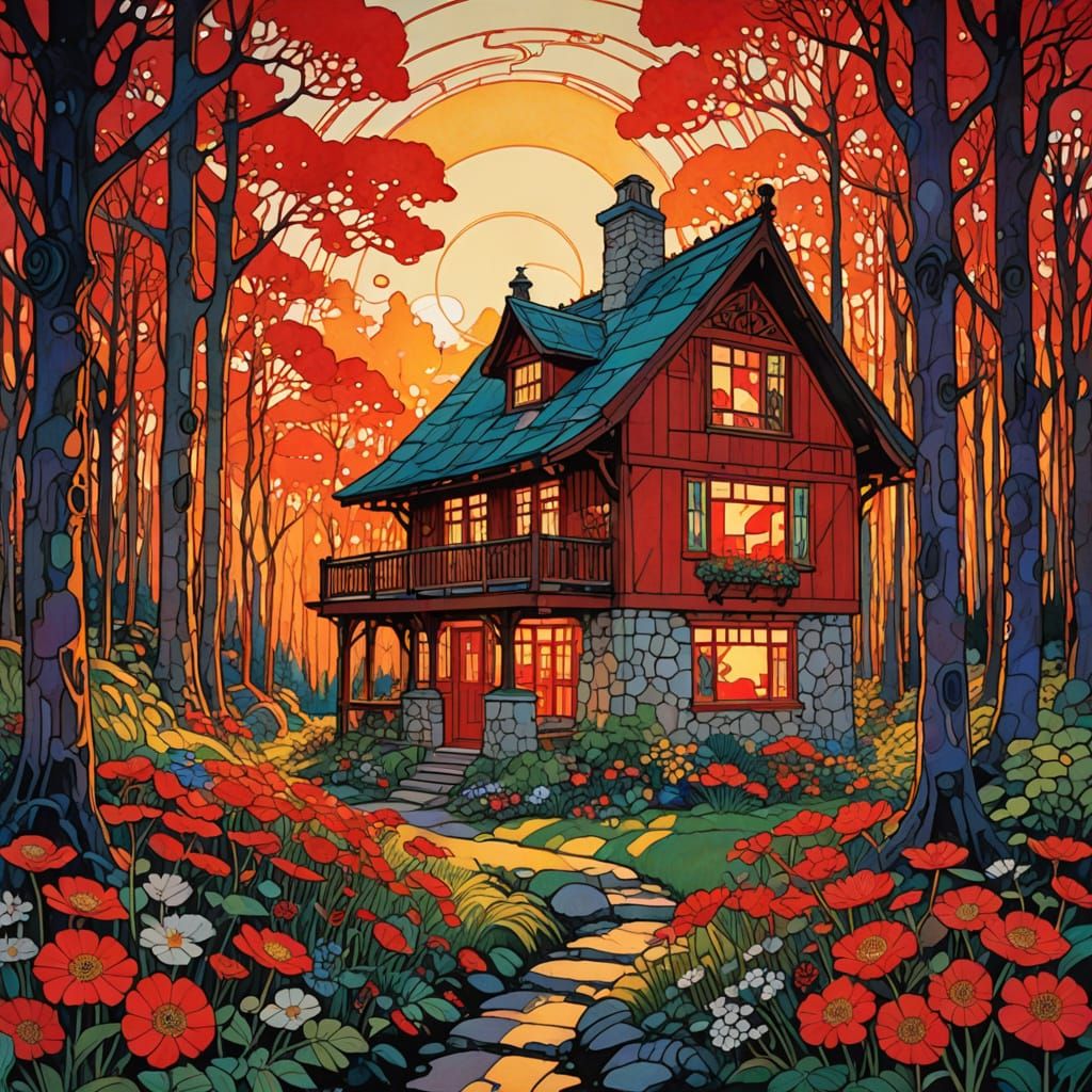 Quaint Cottage in Vibrant Forest, Ink and Watercolour