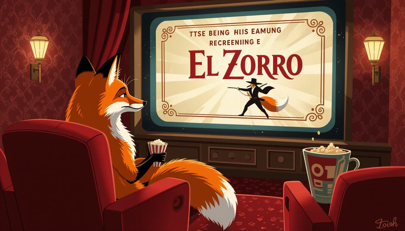 Fox Watches Zorro in Cozy Cinema, Moebius Style