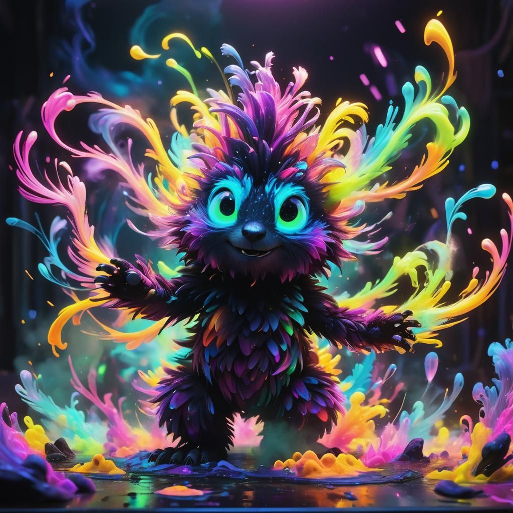 Iridescent Creature in Bioluminescent Vortex: Neon Ink Splat...