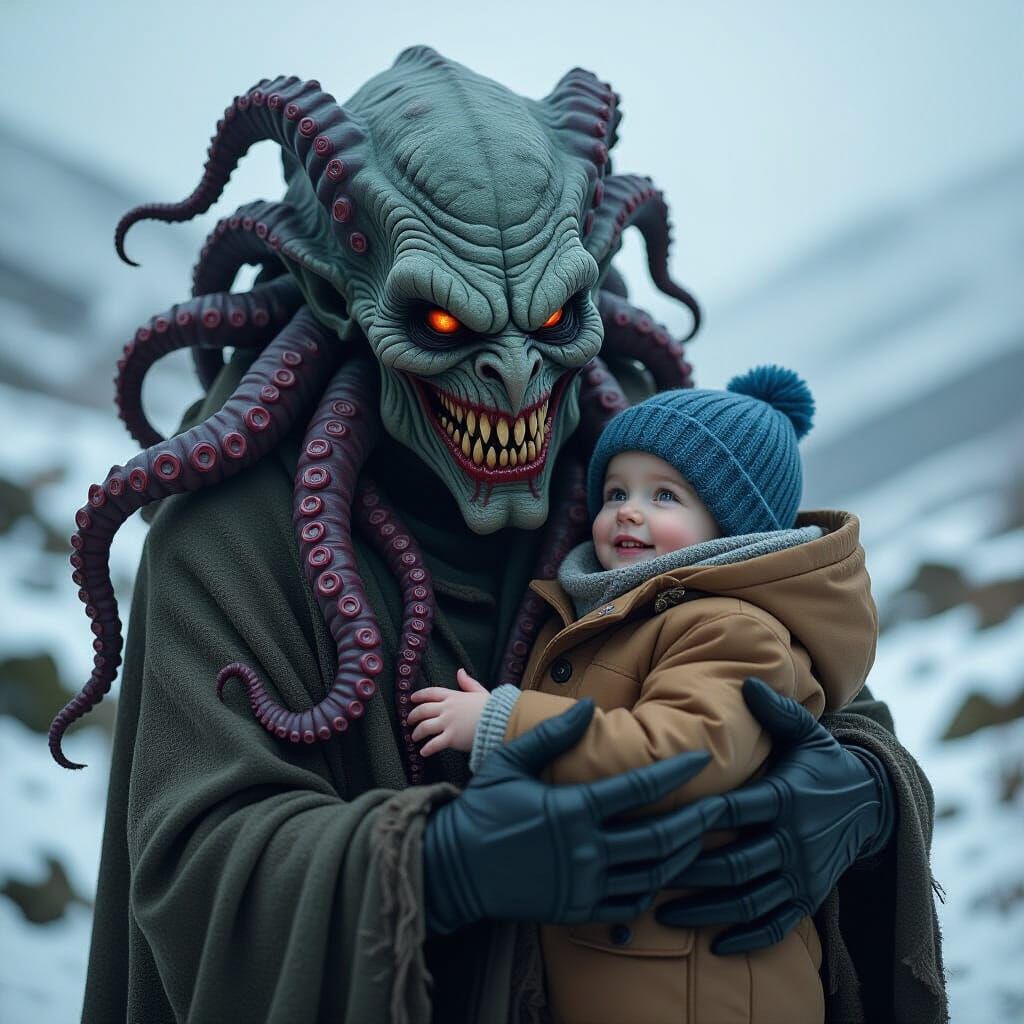 Lovecraftian Creature Cradling Child in Bleak Winter Landsca...