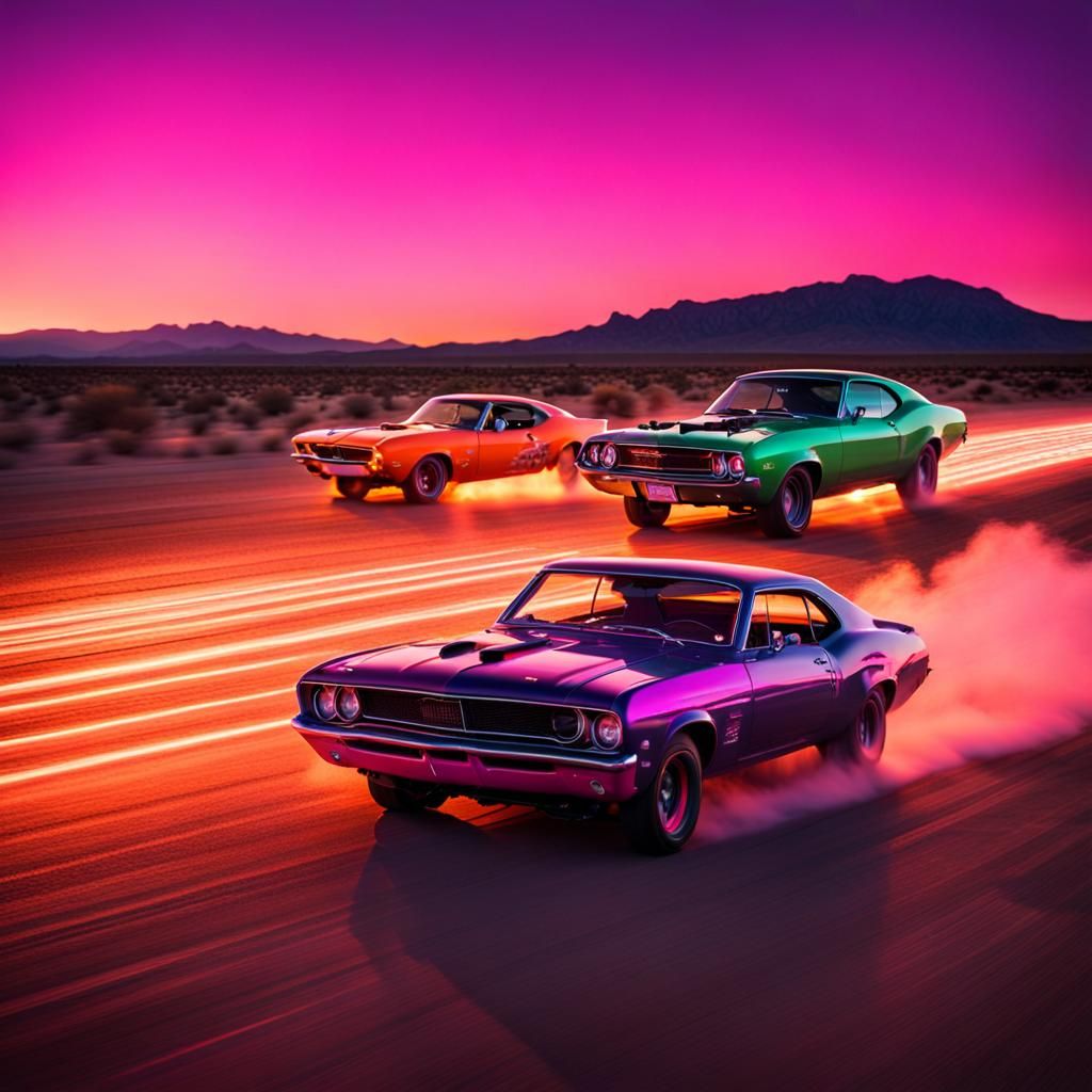 A drag race with muscle cars on the American Mojave Desert a...