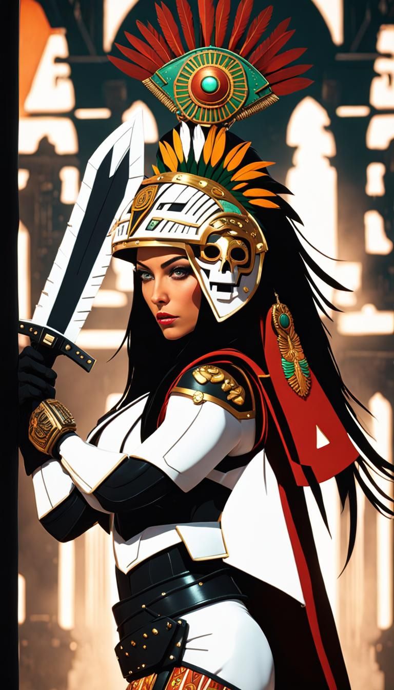 Aztec Warrior Woman in Cyberpunk Servo-Armor