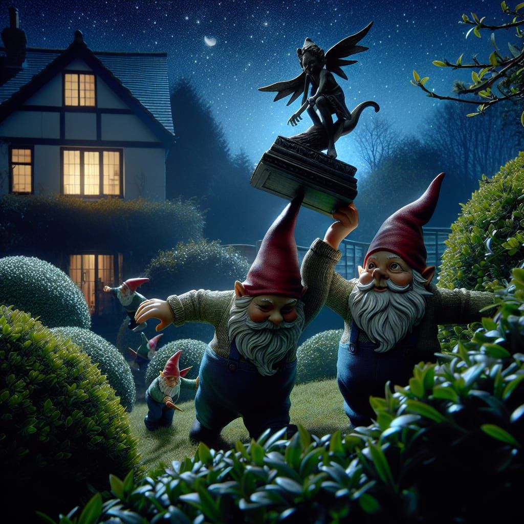 Gnomes Stealing Garden Statue at Night
