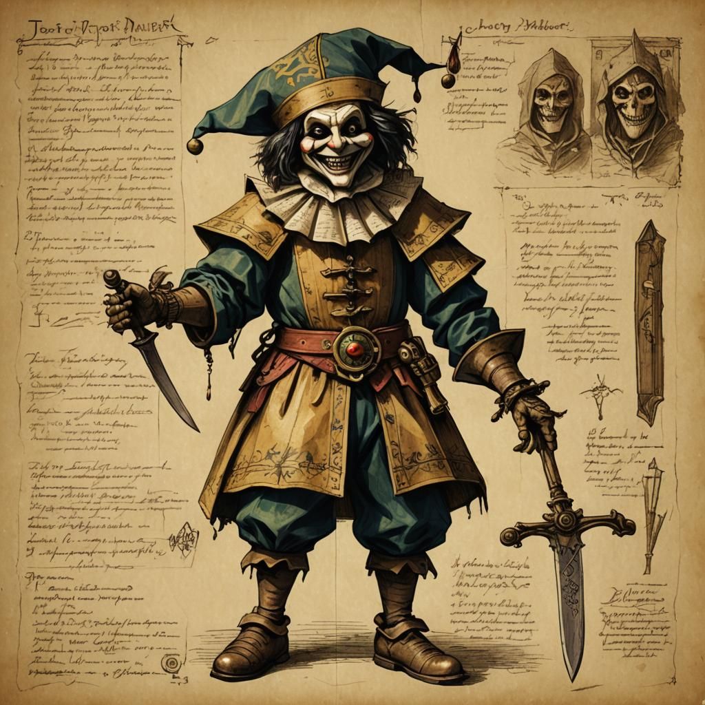 Jester Puppet with Knife and DaVinci Style Diagrams