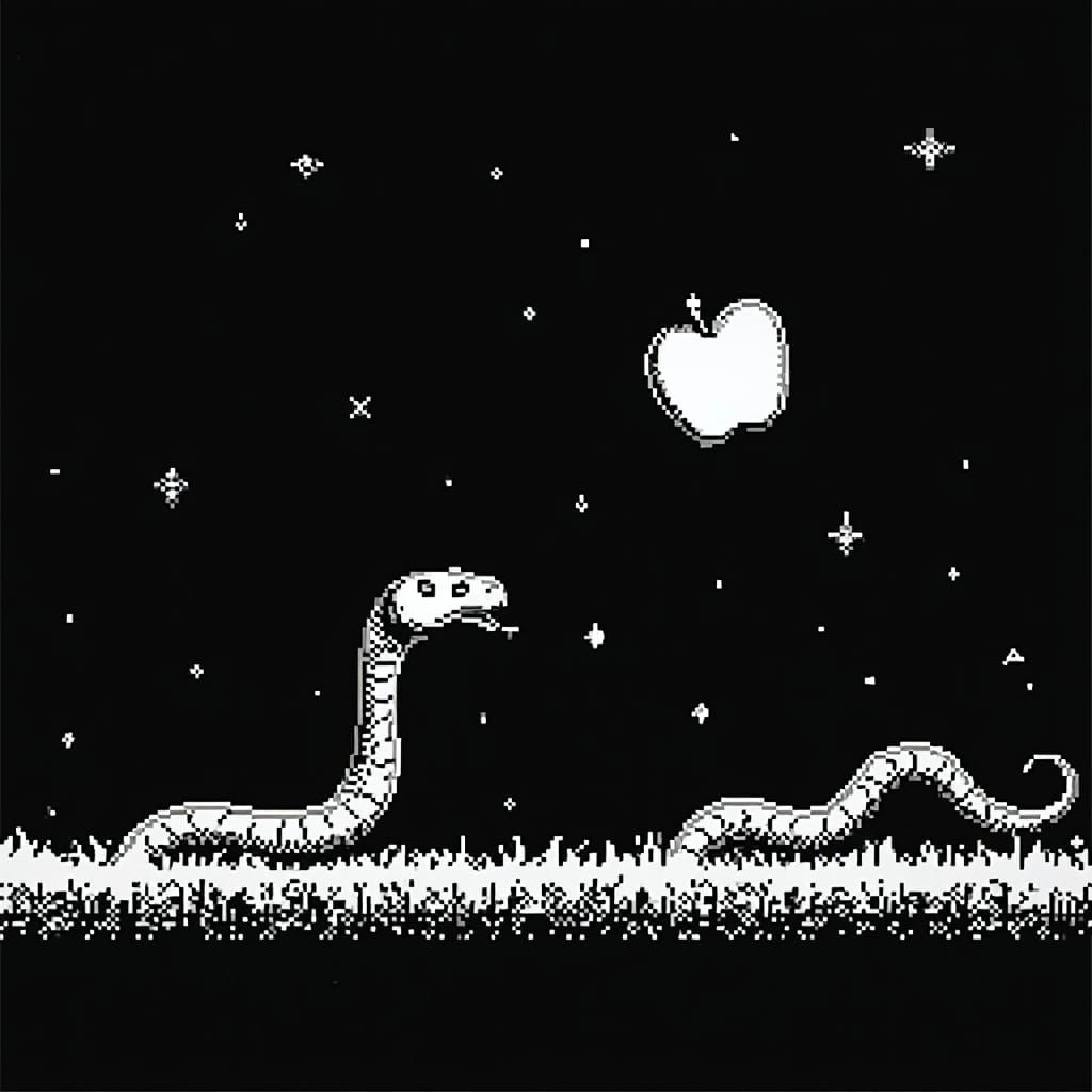 Pixel Art Snake in Mid-Movement Eats Apple