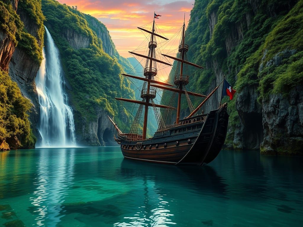 Hyper-Realistic Pirate Ship in Secluded Cove