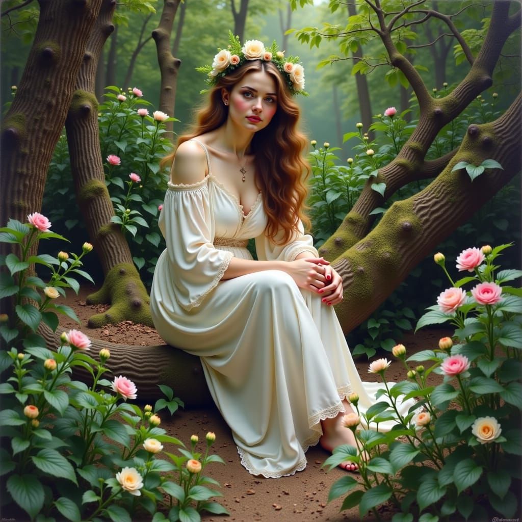 Serene Woman in Tranquil Forest, Loish & Mucha Inspired