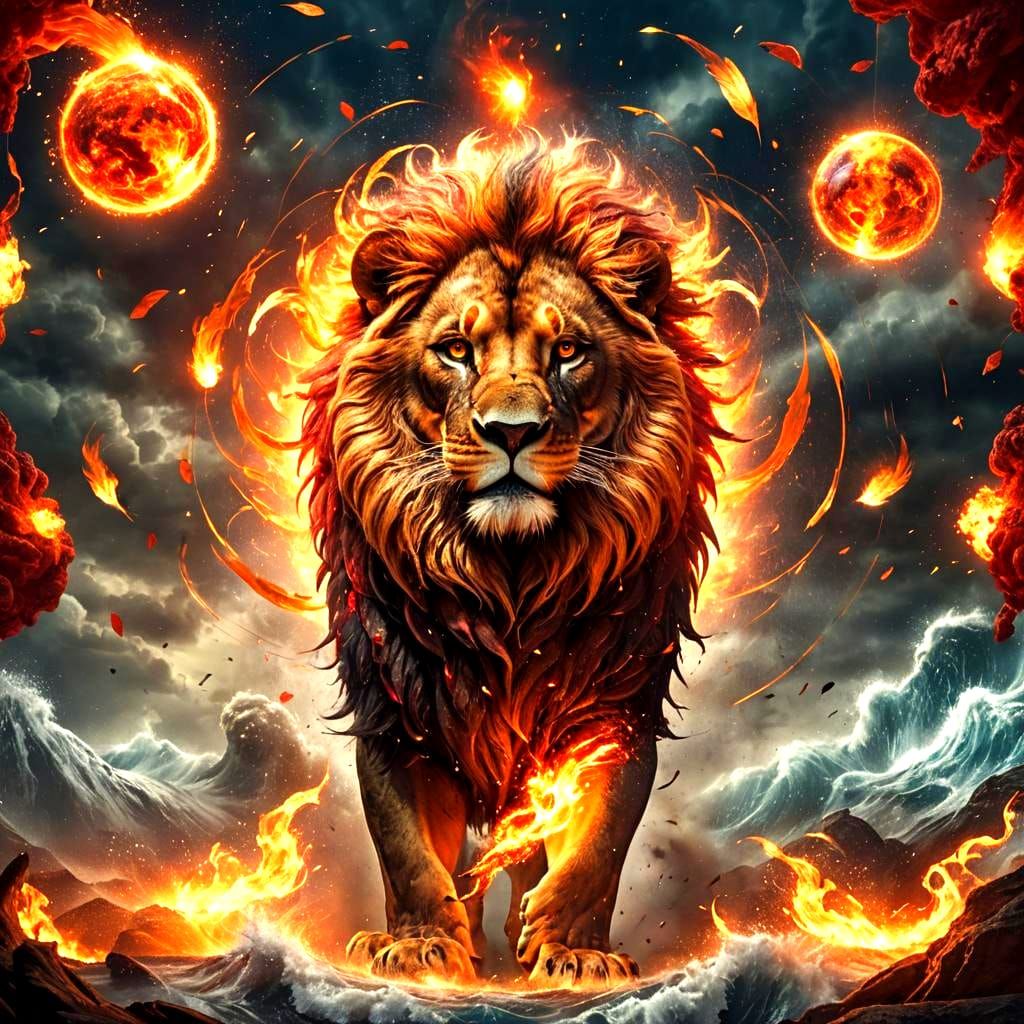 Fiery Lion in a Storm of Air and Waves
