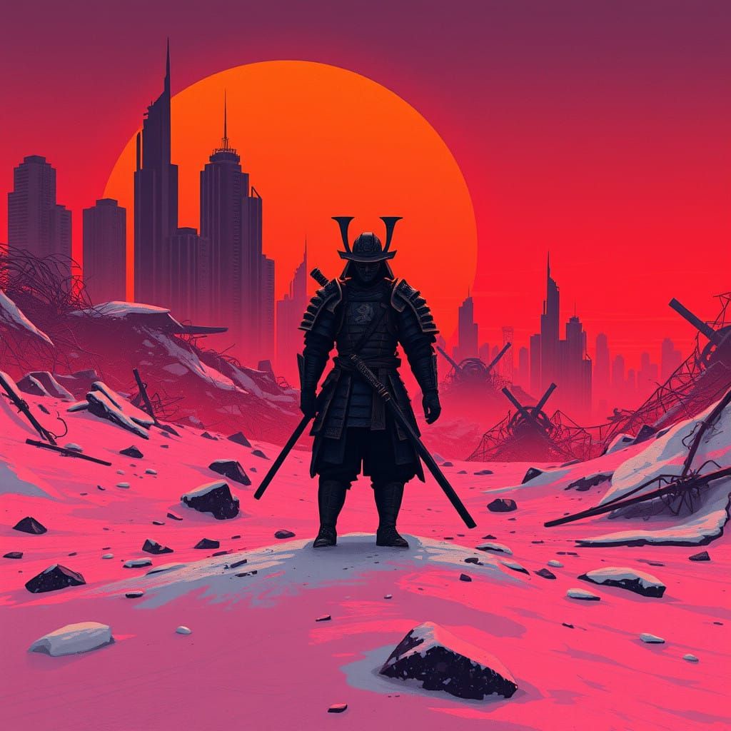 A Lone Samurai Contemplates Ruins in a Blood-Red Sunset