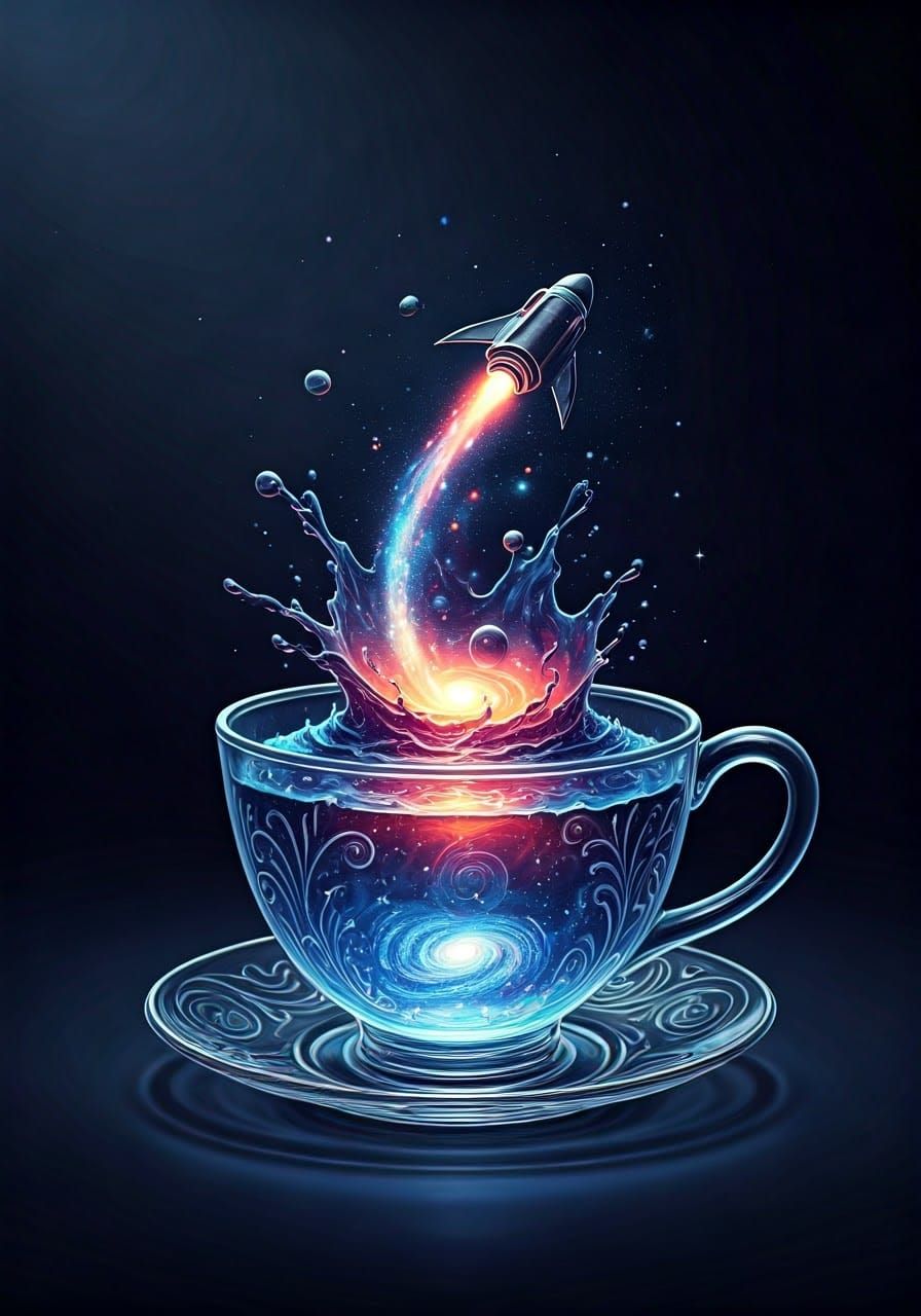 Celestial Galaxy Teacup With Spaceship, Digital Art
