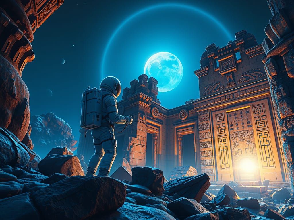 Futuristic Spacesuit in Ancient Temple with Fractal Alien Pl...