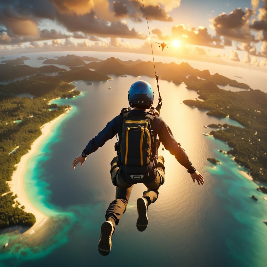 Woman Skydiving Above Yara Island at Sunset
