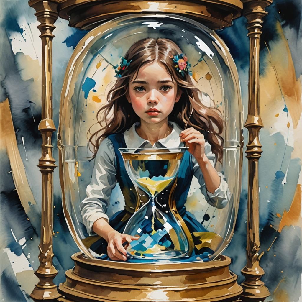 Girl Trapped in Hourglass: Gouache Impressionist Painting