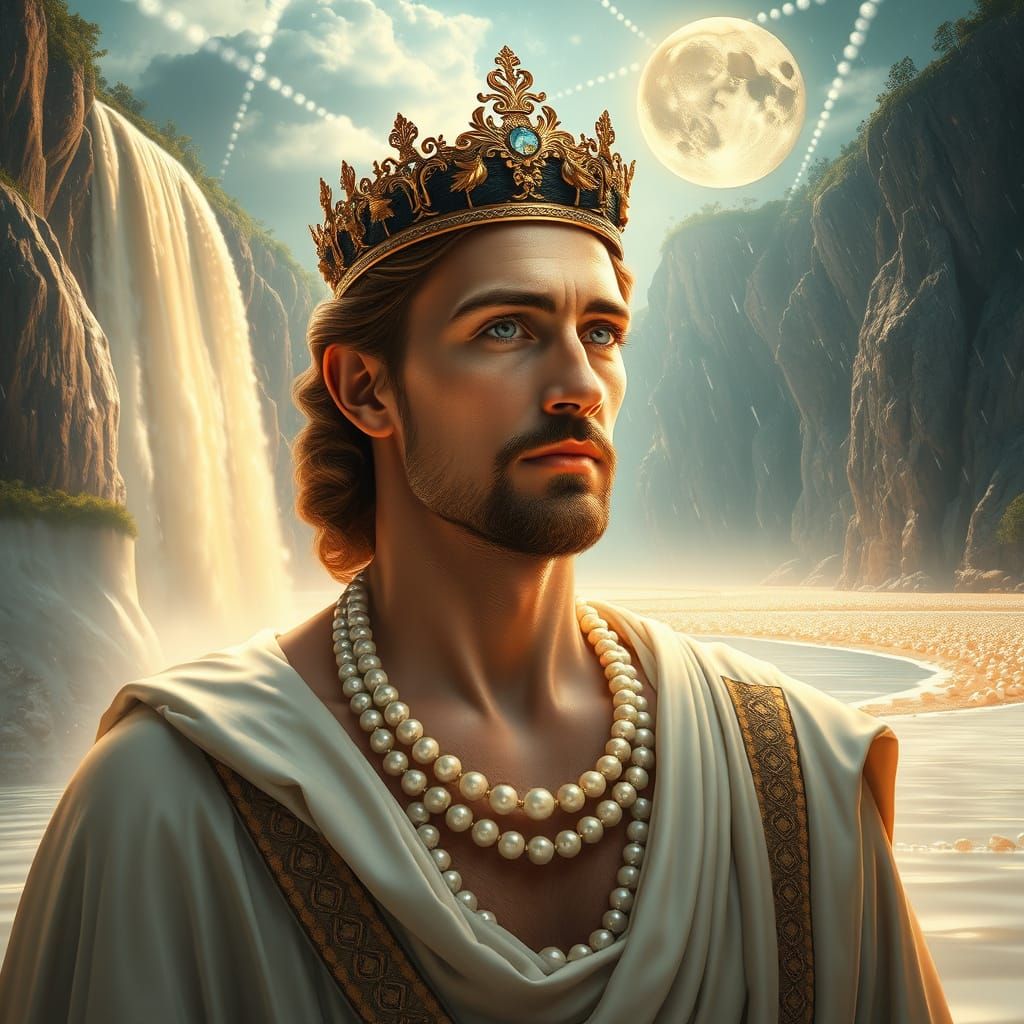 Regal Figure Amidst Milk Waterfall and Honey Rain in High-Fa...