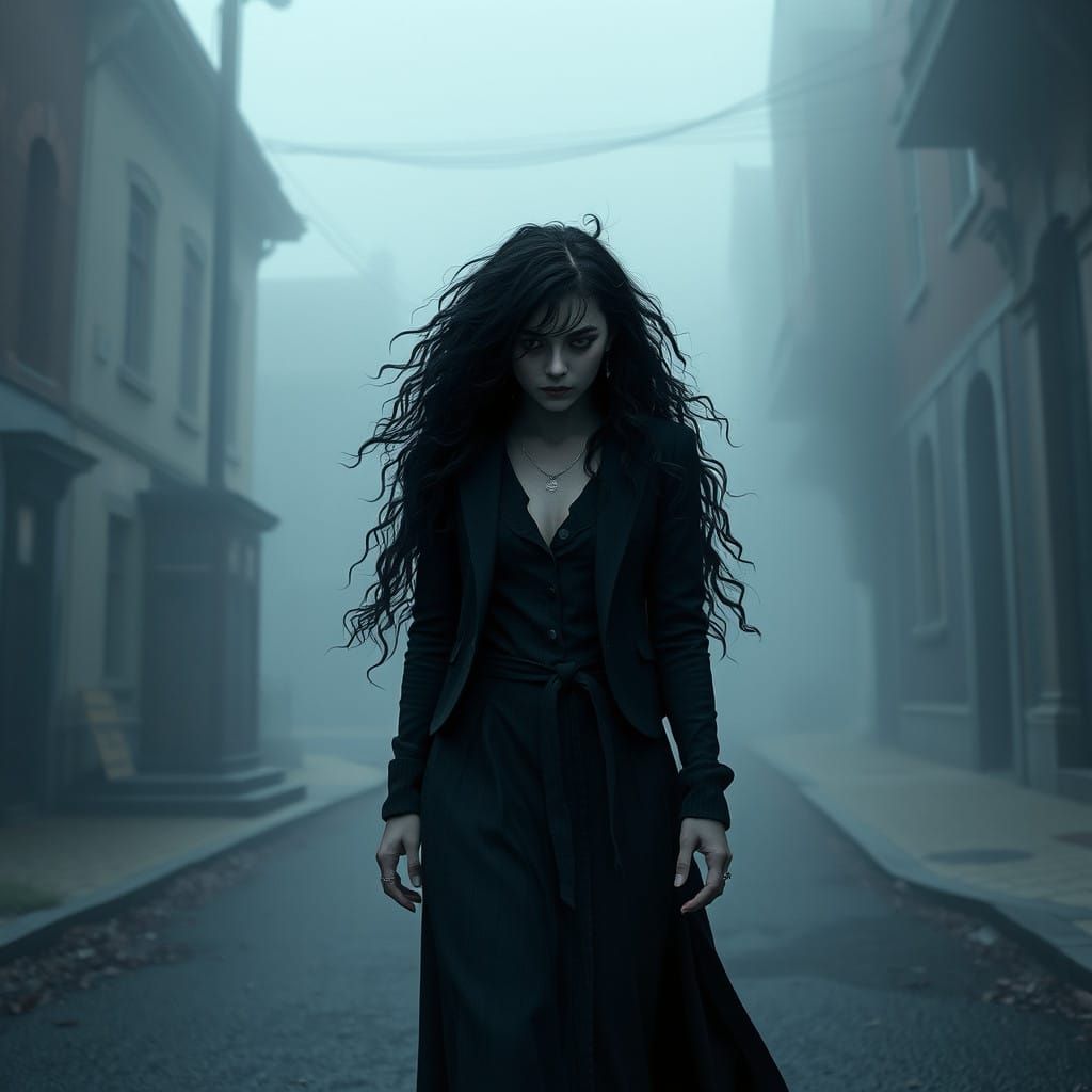 Gothic Teenage Bellatrix Wanders Fog-Shrouded Streets in Cyb...