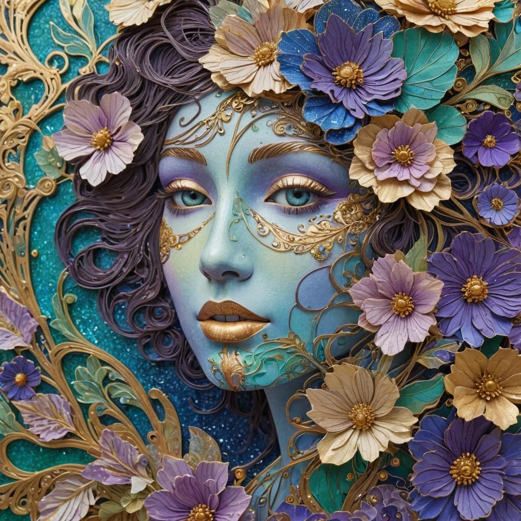 Art Nouveau Woman with Klimt-Inspired Floral Design