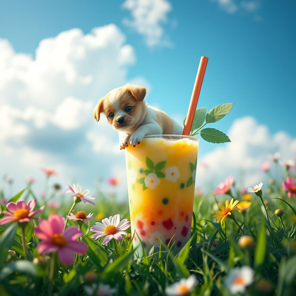 Puppy Guardian on Boba Drink in Fantasy Meadow