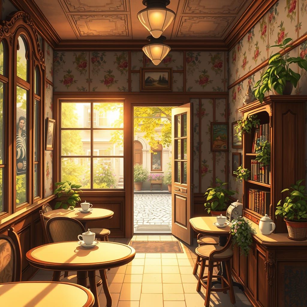 Vintage Café in Quaint Small Town, Anime Art Style