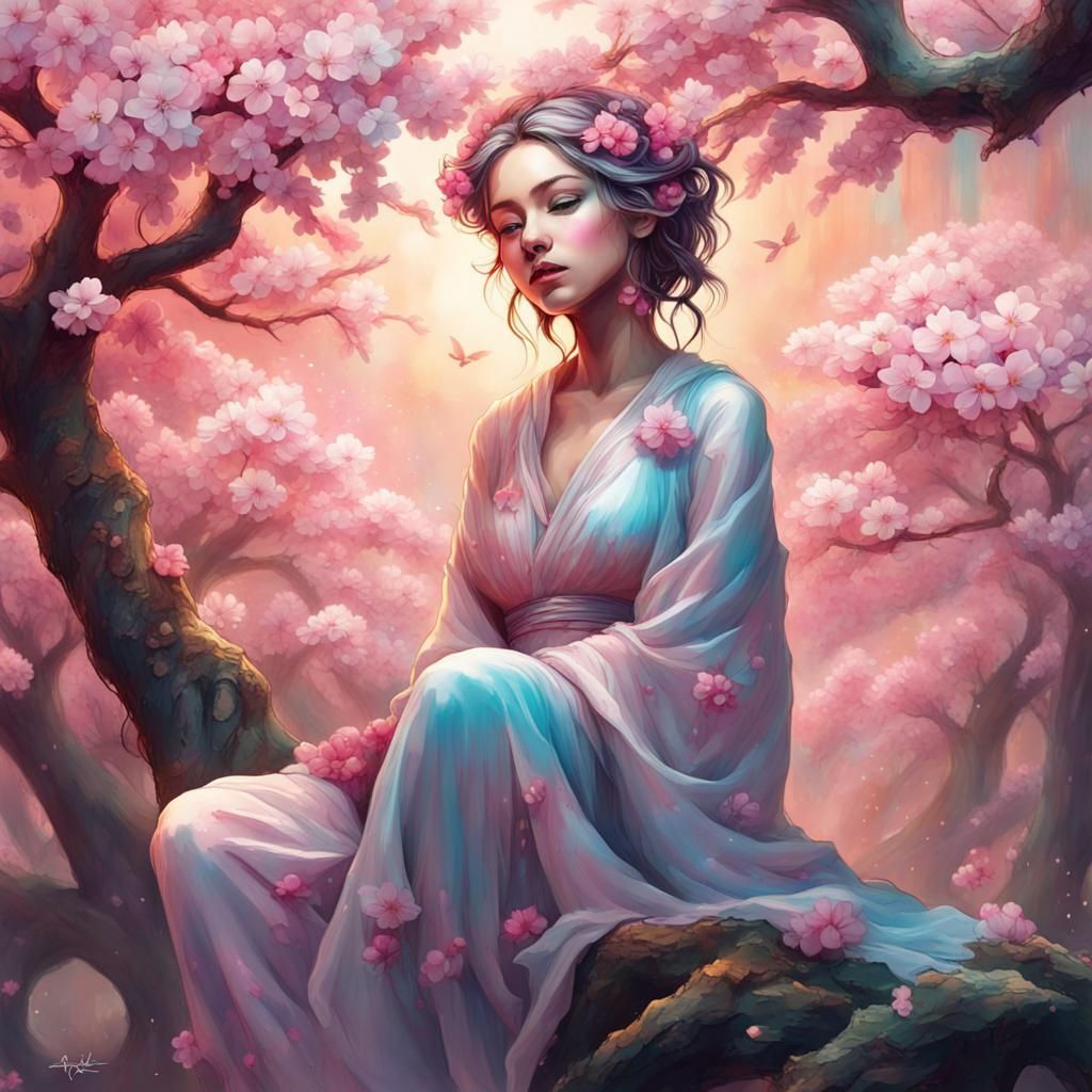 Ethereal Goddess in Graffiti Art with Cherry Blossoms